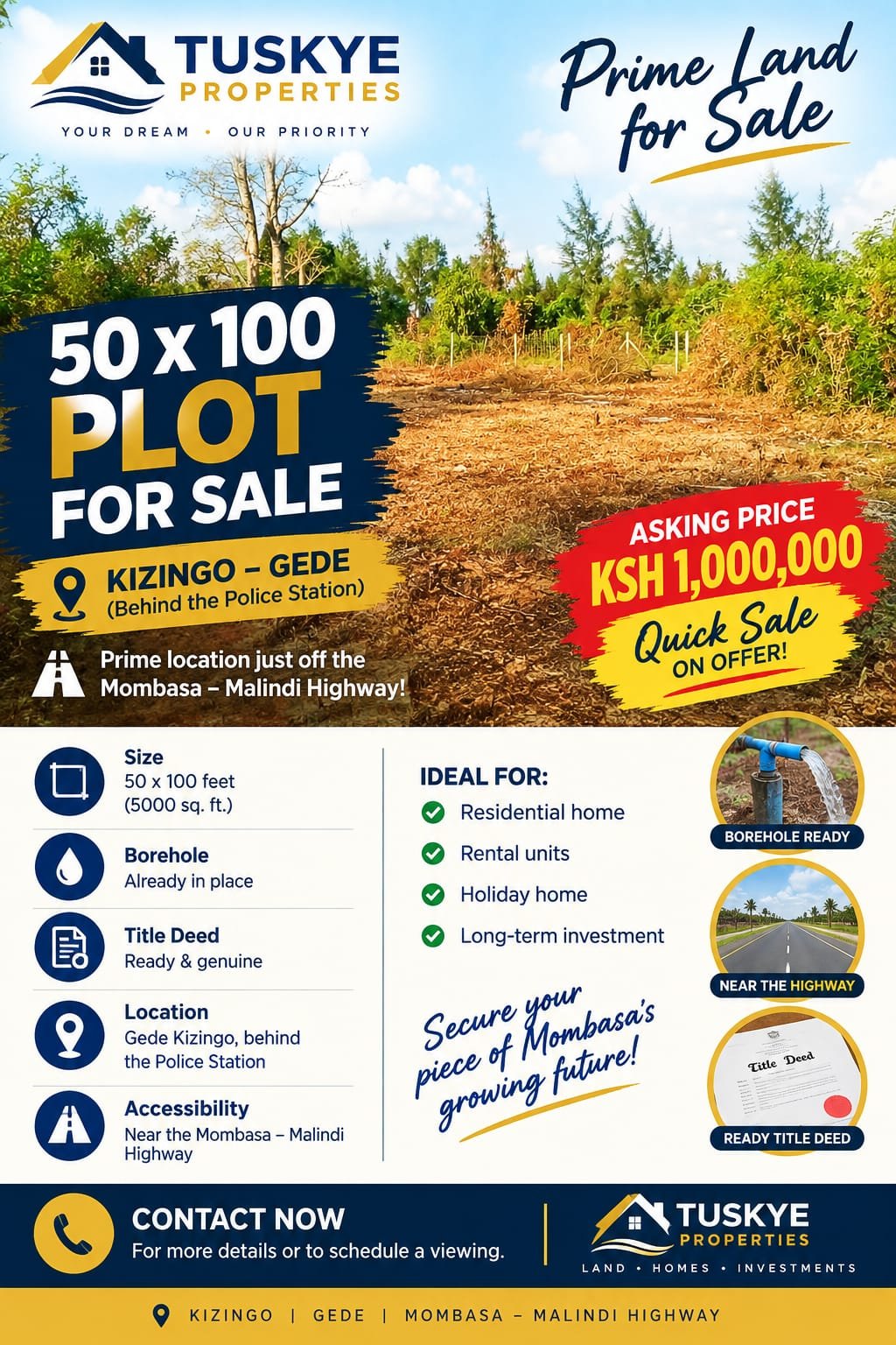 Prime 50x100 Plot with Borehole & Ready Title Deed for Sale in Kizingo, Gede